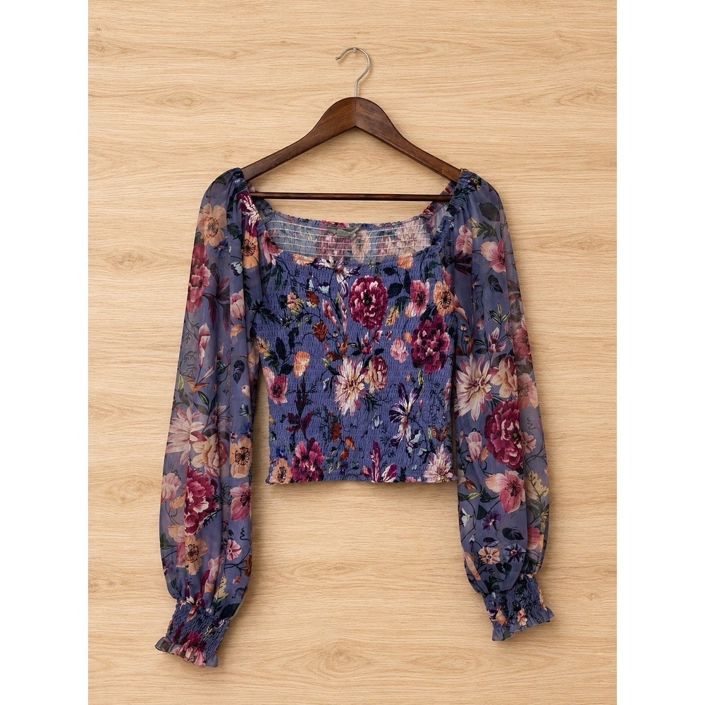 Anthropologie Floral Smocked Crop Top Womens XS Purple Long Sleeve Cottagecore - Picture 2 of 7